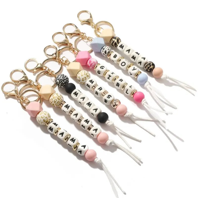 MAMA Name Gift Key Chain 2022 Beaded Silicone Colorful Long Key Chain Initial MOM Key Chain Bag Charm