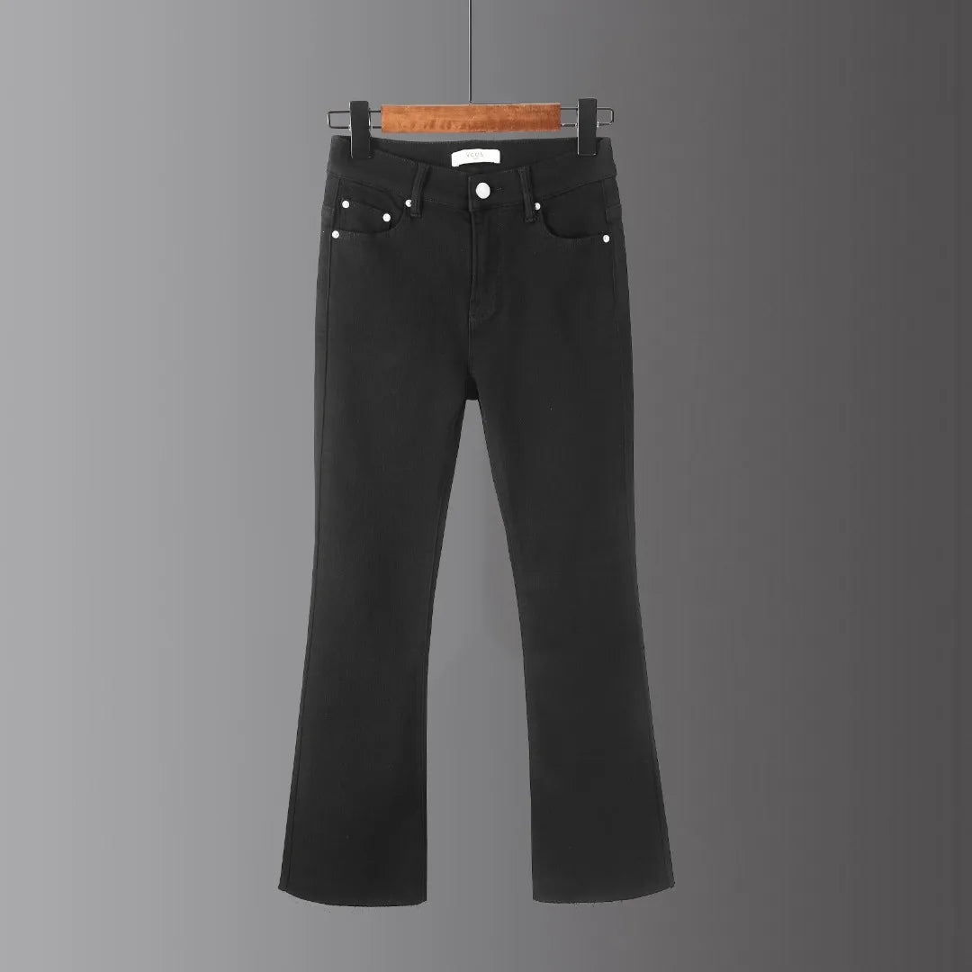 Customizable Women's Flare Pants Fashion Casual Black Denim Jeans Logo Waist Streetwear Cut Bottom Edge Flared Jeans for Summer