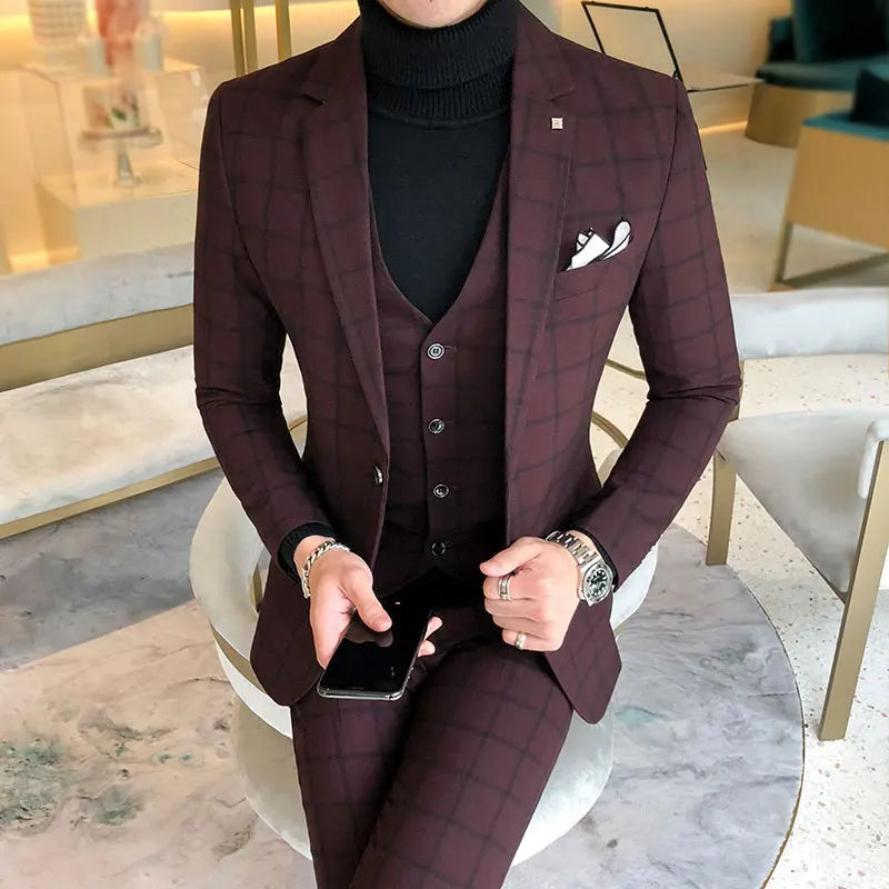 M-58XL Plaid Business Suits Best Wedding Groom's Three-piece Suit Casual Tuxedo  (Jackets+Vest+Pants)big Size Men Business Suit