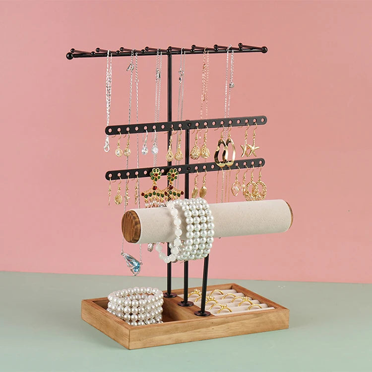 K048 Hot Necklaces Bracelets Earrings Ring Holder Jewelry Organizer Display Rack Wooden Jewelry Display Stand With 4 Tier Rack