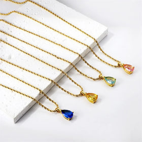 Custom Dainty Women Geometric Charm Necklace Gold Plated Crystal Water Drop Pendant Necklace