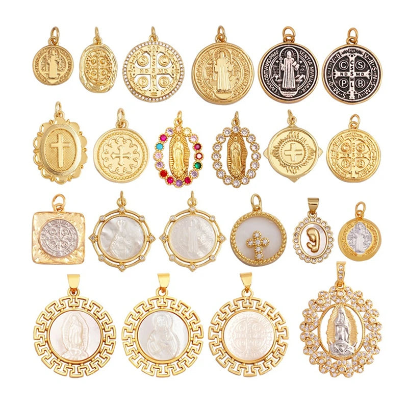 Diy Jewelry Copper Gold Plated Shiny Color Zircon Shell Accessories Vintage Geometric Round Oval Angel Virgin Mary Pendant