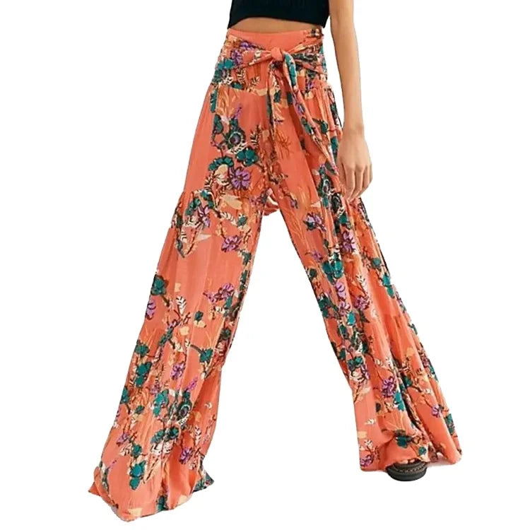 Women'S Wide-Legged Pants Floor Beach Pants Waist Tied Floor With Retro Pattern Comfort Pajamas