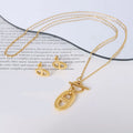 Ouj New OT Buckle Geometric Design 18K Gold Plated Tarnish Free Stainless Steel Necklace Pendant and Stud Earrings Jewelry Set