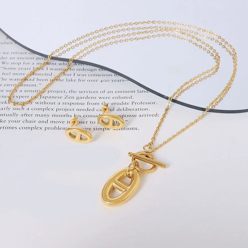 Ouj New OT Buckle Geometric Design 18K Gold Plated Tarnish Free Stainless Steel Necklace Pendant and Stud Earrings Jewelry Set