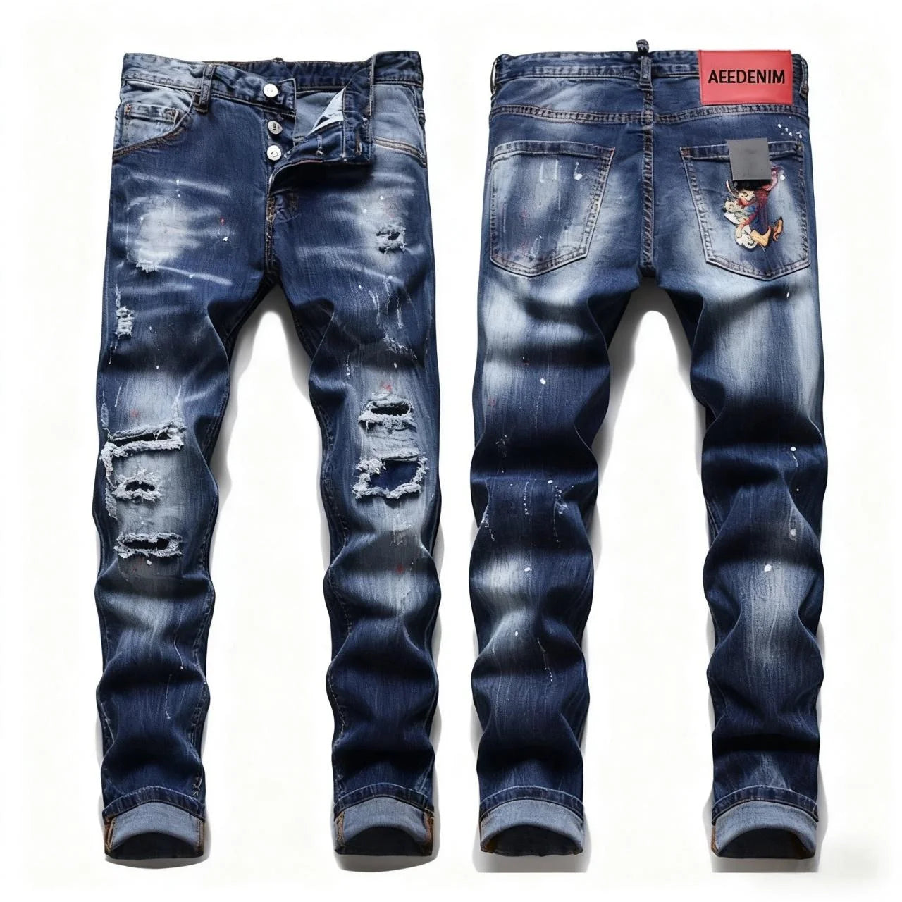 AeeDenim Stonewashed Y2K Customize LOGO Micro Elastic High Street Straight Youth Trousers Denim Cotton Casual Spot Blue
