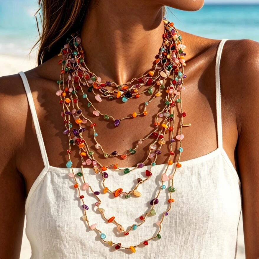 Boho Beaded Necklace Multi Strand Gemstone Chips Layered Statement Necklace Gold Plated Necklaces Jewelry For Women Wholesale MegaBDM