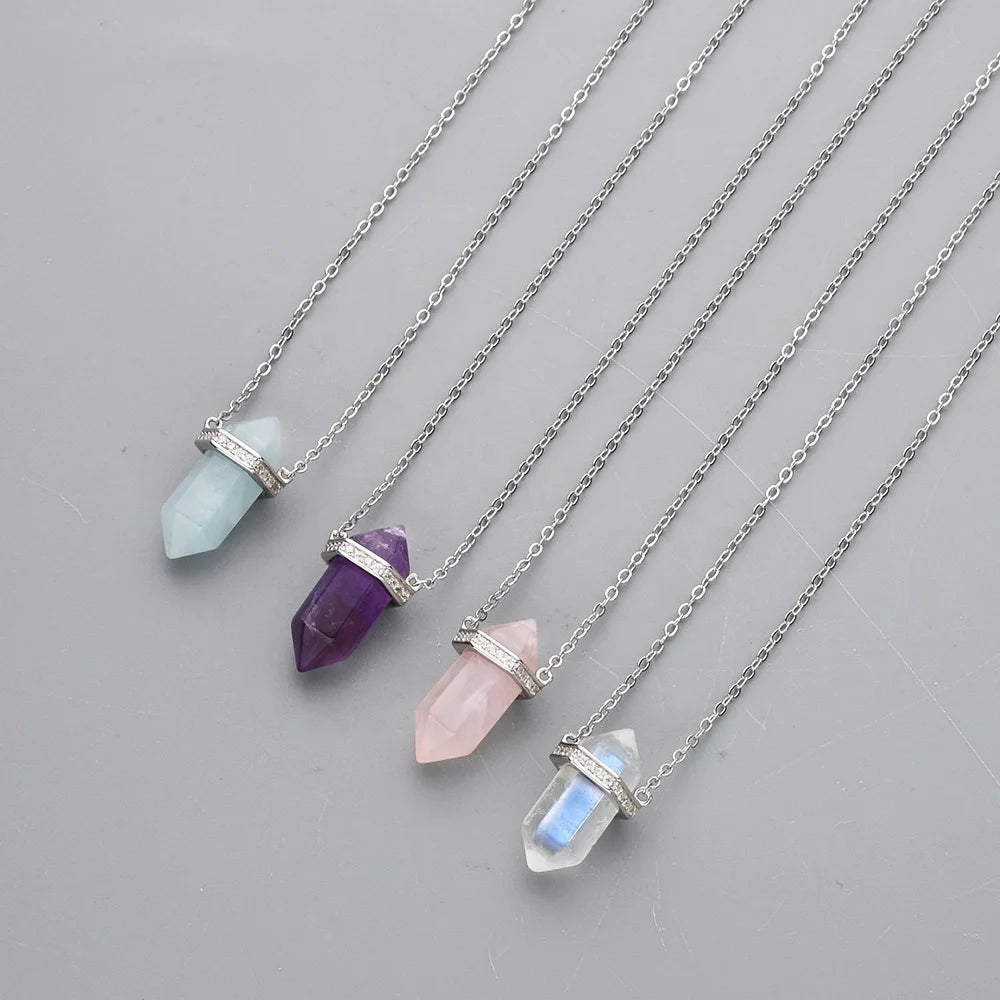 SS226 Crystal Piont Gemstone Wand Sterling Silver rainbow Moonstone Fine Jewelry Crystal Necklace for Women