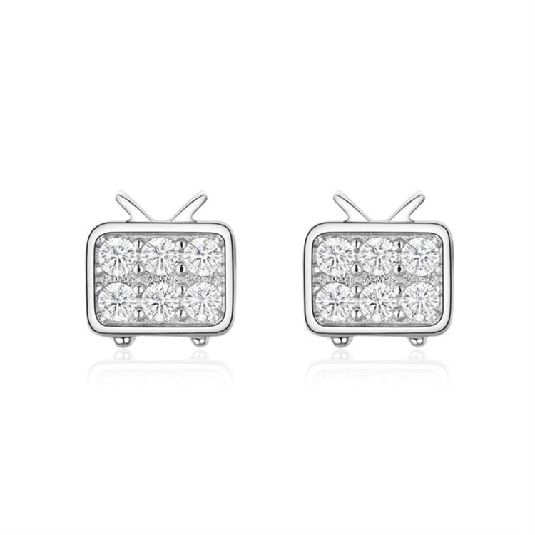 Mini Cute 925 Sterling Silver TV Shape CZ Diamond Stud Earrings for Women Girls