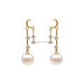 Good Quality 14k Real Gold Diamond Earrings Moon Shape Yellow Solid Gold Pearl Earring Fine Jewelry Customs Design Wholesale