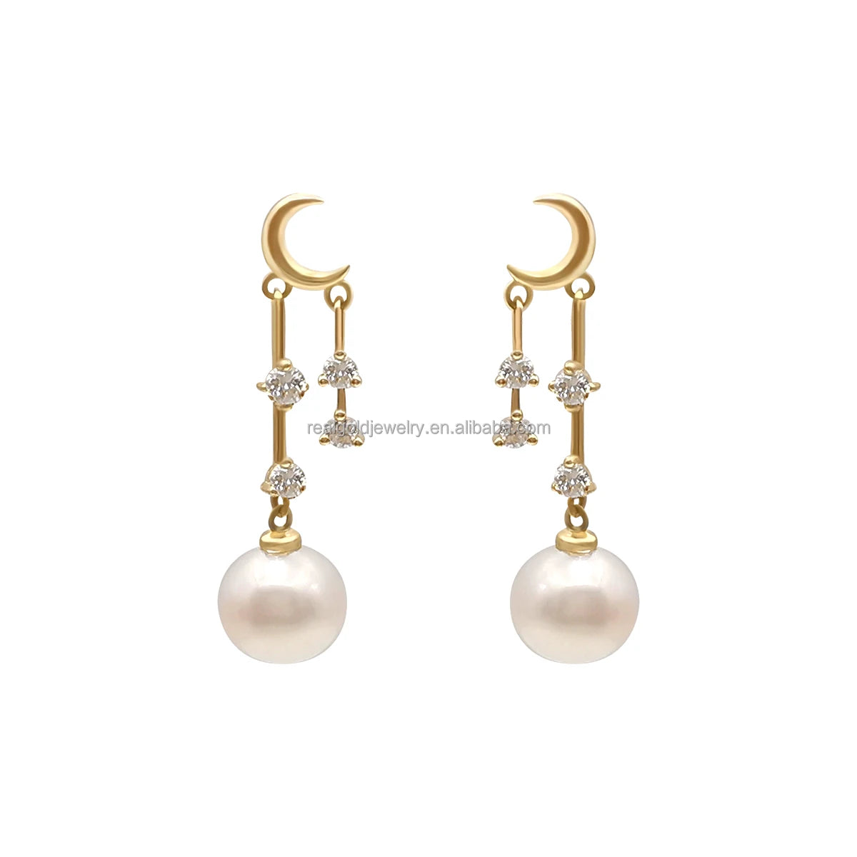 Good Quality 14k Real Gold Diamond Earrings Moon Shape Yellow Solid Gold Pearl Earring Fine Jewelry Customs Design Wholesale