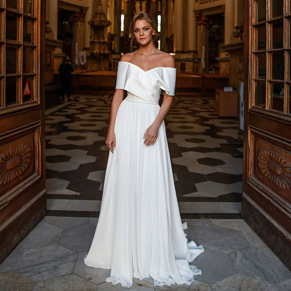 13242#Off-Shoulder A-Line Wedding Dresses Backless Cap Sleeves Civil Strapless Satin Sweep Train Wedding Bridal Gown