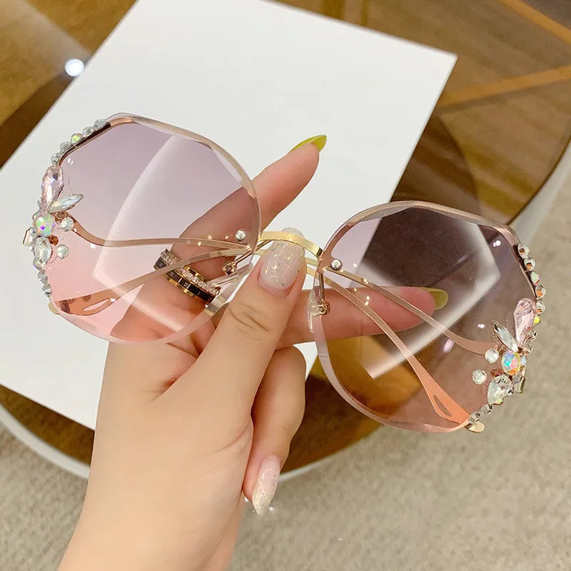 Oversized Rhinestone Luxury Rimless Womens Manufacturer Custom Fashion Shades Vintage Pink Fashion Sunglasses Zonnebril