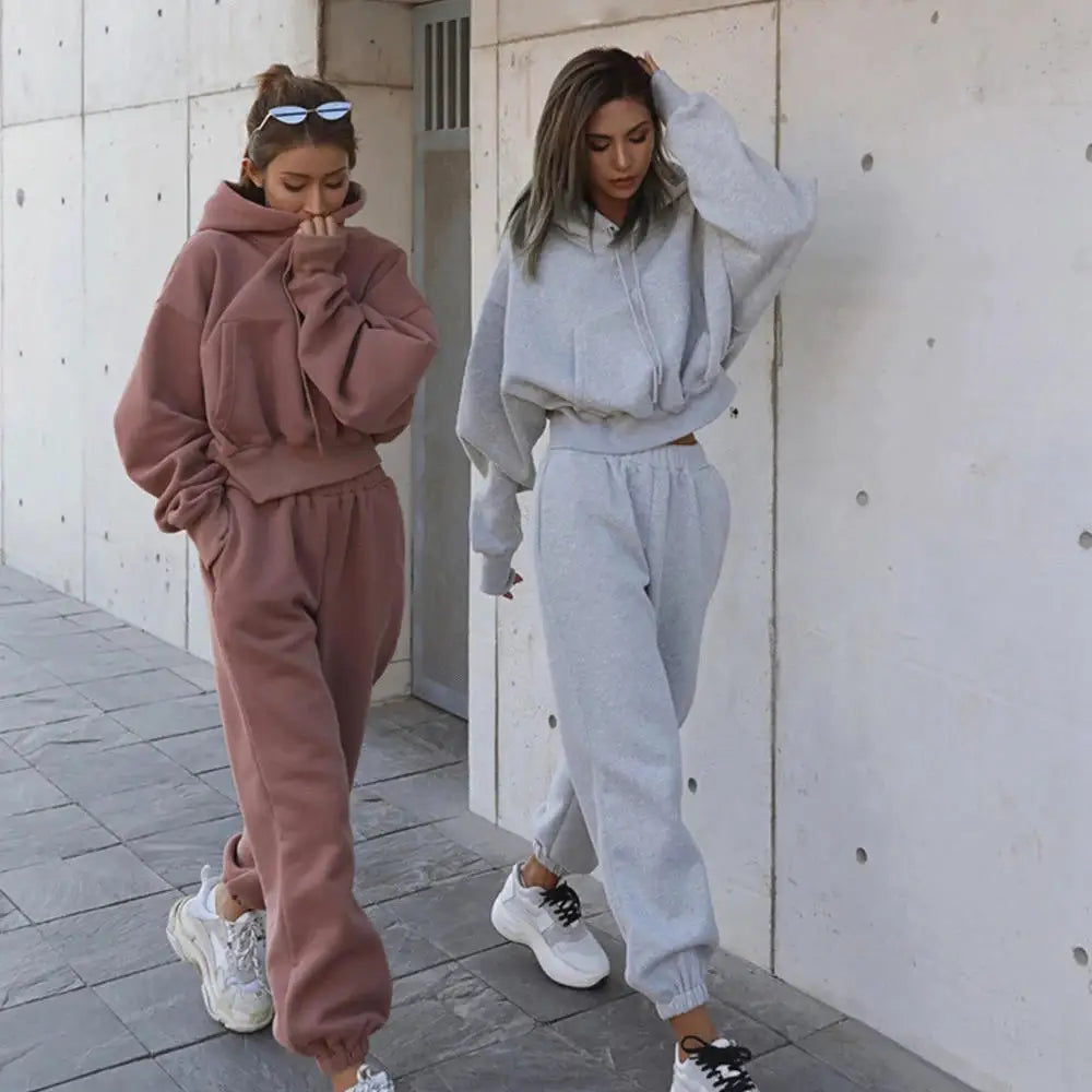 Wholesale Women's Sets Custom Knitted Tracksuit 2 Piece Crop Top Hoodie and Sweatpants Sweatsuit Fleece Cotton Jogging Suit