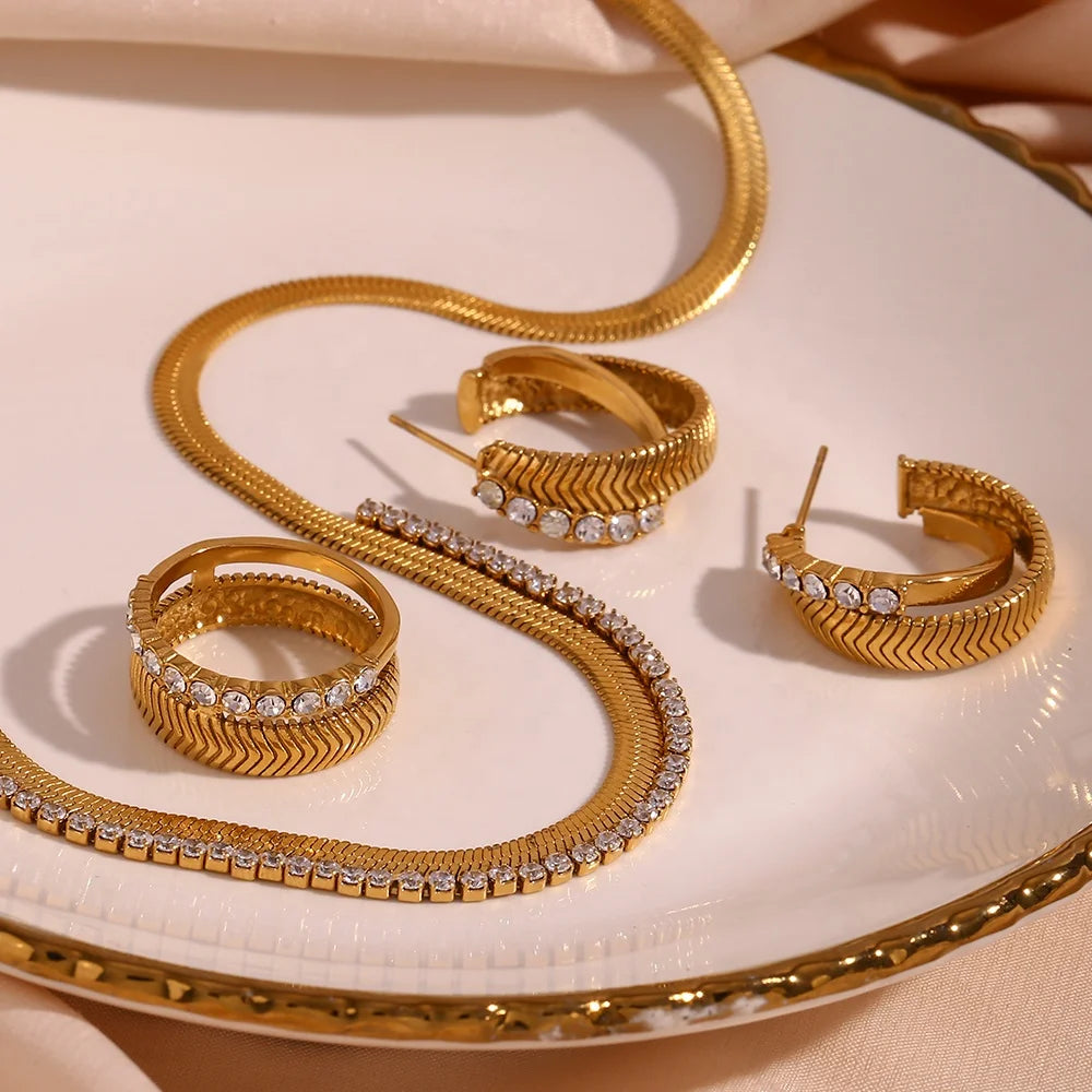 Dreamshow Fashion Jewelry Set 18k Gold Plated Stainless Steel Snake Chain Necklace and Earrings Set