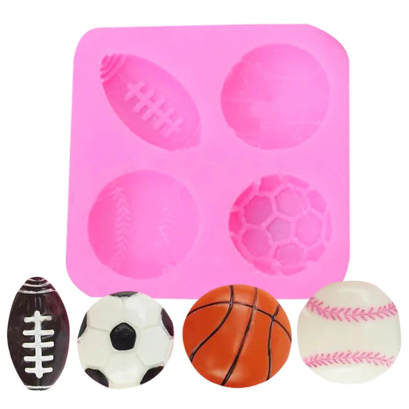 4-Cavity Ball Cake Decoration Silicone Molds Football Basketball Baseball Rugby Chocolate Molds