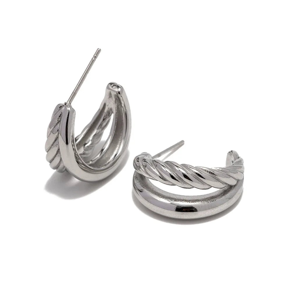 Stainless Steel Gold Plated Earrings Irregular Double Layer C Shape Hoop Stud Earrings for Women