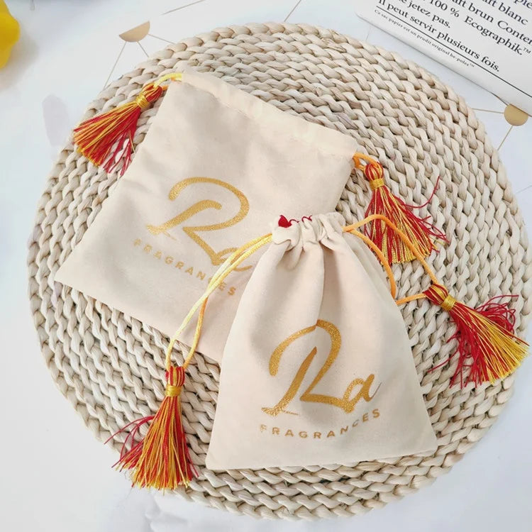 Custom Gold Logo Printed Jewelry Gifts Packaging Bag Tassel Drawstring Velvet Pouch With Satin Lined