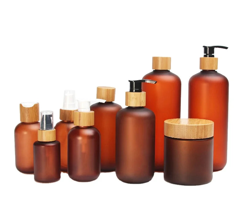 Wholesale Frosted Amber 150ml 200ml 250ml 300ml Plastic Bottles Pet Amber Bottles With Bamboo Lid