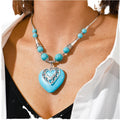Vintage Statement Necklace with Big Turquoise Love Heart Pendant Diamond Beaded Chain Gift for Women