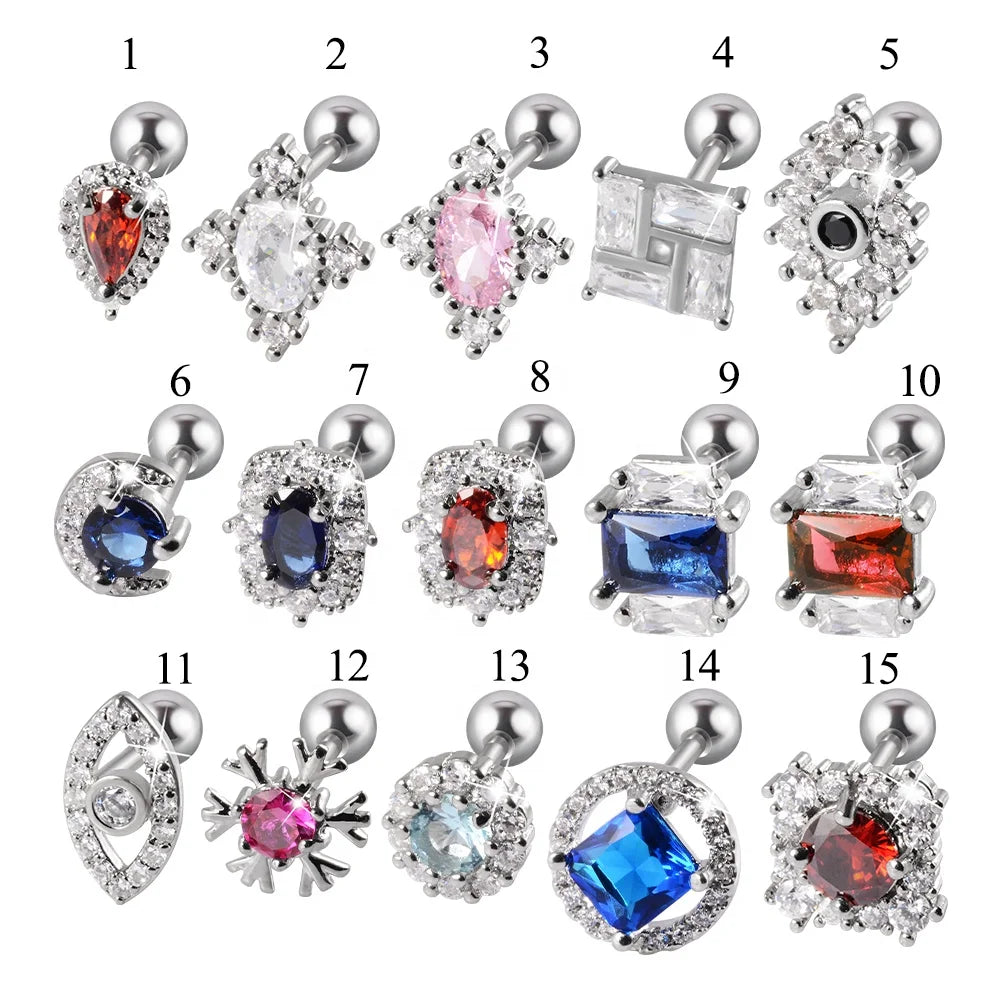 Square Zircon Ear Studs Cartilage Tragus Helix Stainless Steel Lobe Earring Women's Trendy Fashion Body Piercing Wholesale 16G
