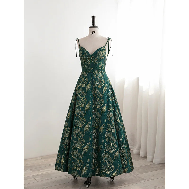 AL1188 Custom Gilt Golden Flower Retro Dark Green Evening Dress Banquet Wedding Bride Vestidos De Fiesta Crystal Ruffles Decor