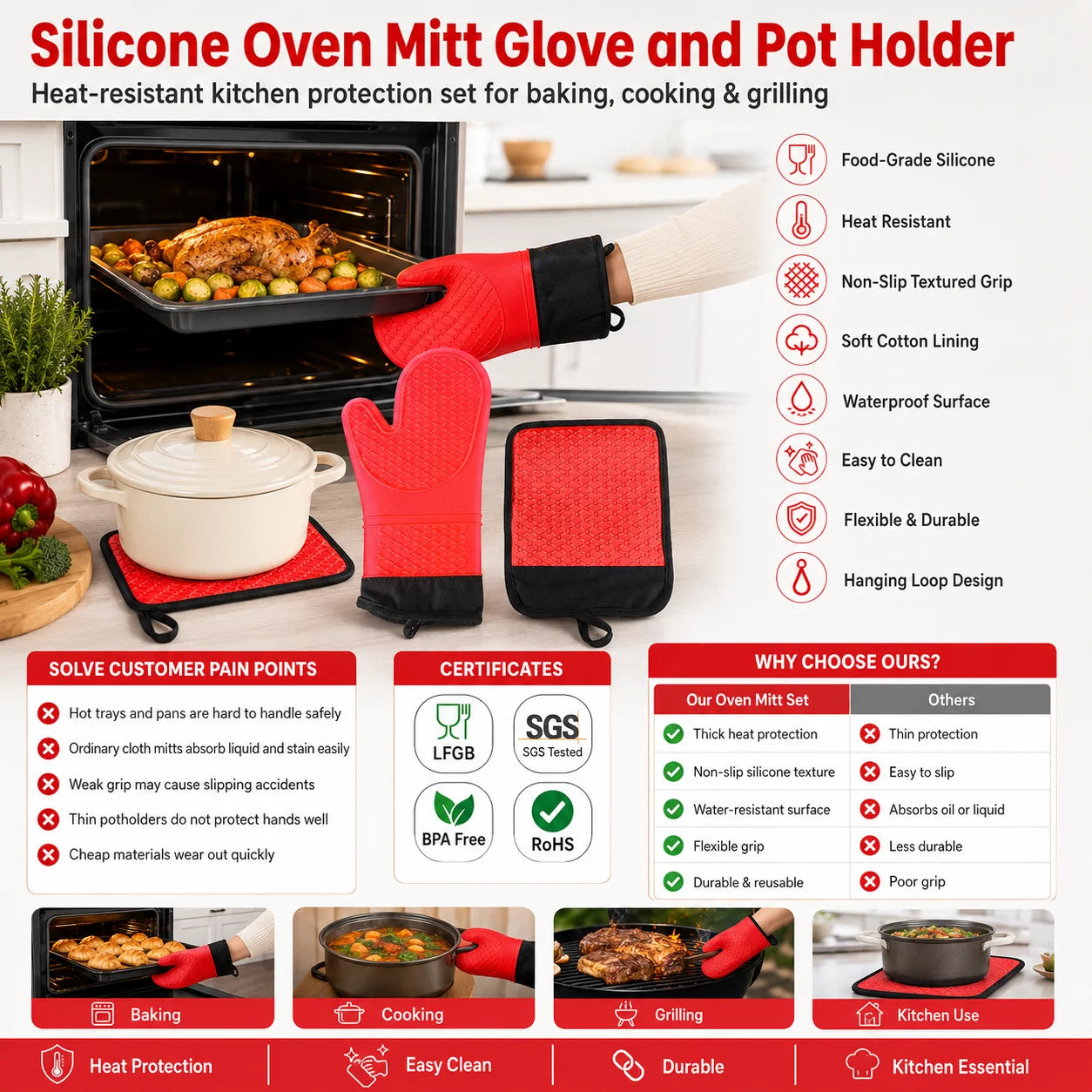 Custom Logo Heat Resistant Flexible Silicone Oven Mitt Glove and Pot Holder OEM ODM Durable Reusable Kitchen Glove Set