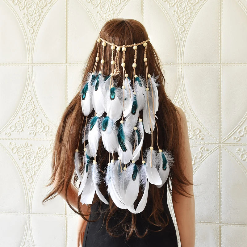 Fashion Latest Hairband Designs Leather Rope White Feather Headbands Wood Beads Bohemian Hair Accessories Jewelry