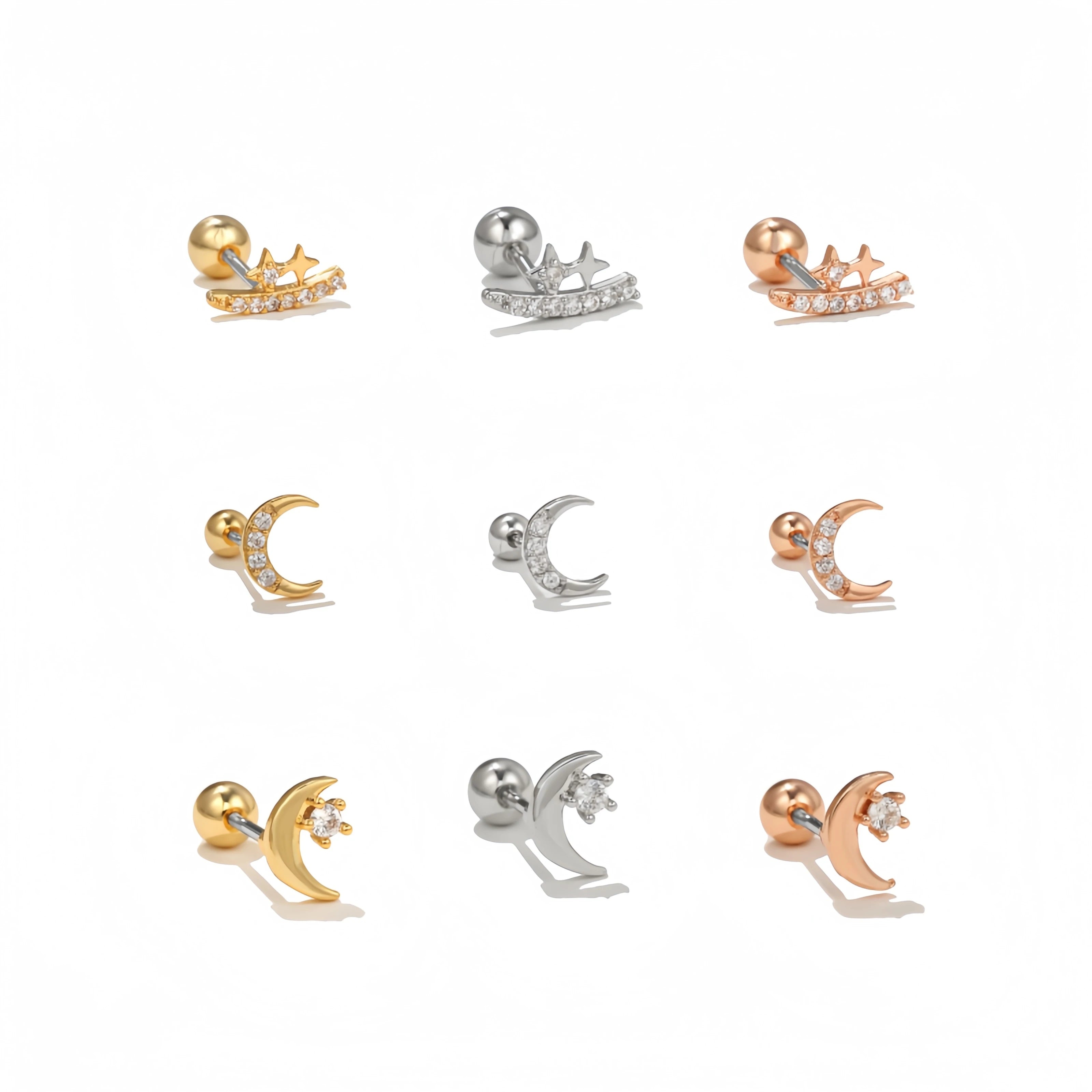 Zuola Wholesale Piercing Studs Earring 18K Real Gold Plated Jewelry Star Moon Shiny Zircon Ear Cartilage Unisex Daily Wear