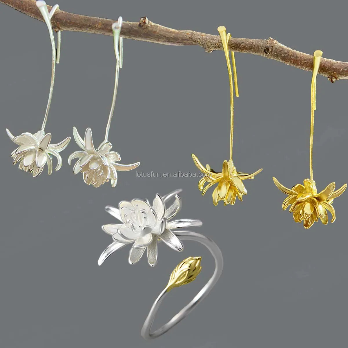 925 Sterling Silver 18K Gold Plated Jewelry Lotus Fun Adjustable Ring  & Drop Earring Natural Flower Fine Jewelry Set  for Women