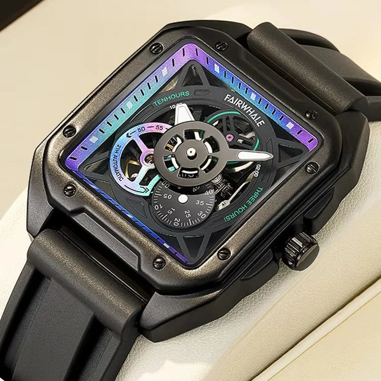 OEM Customized Stylish Business Chronograph Watch with Classic Rubber Strap Men's Mechanical square Dial Automatic Watch