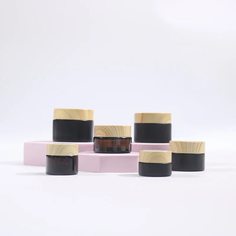 Glass Empty Container with Bamboo Cap 5g 10g 15g 20g 30g 50g Skincare Cosmetic Packaging Black Cream Jars with Lid
