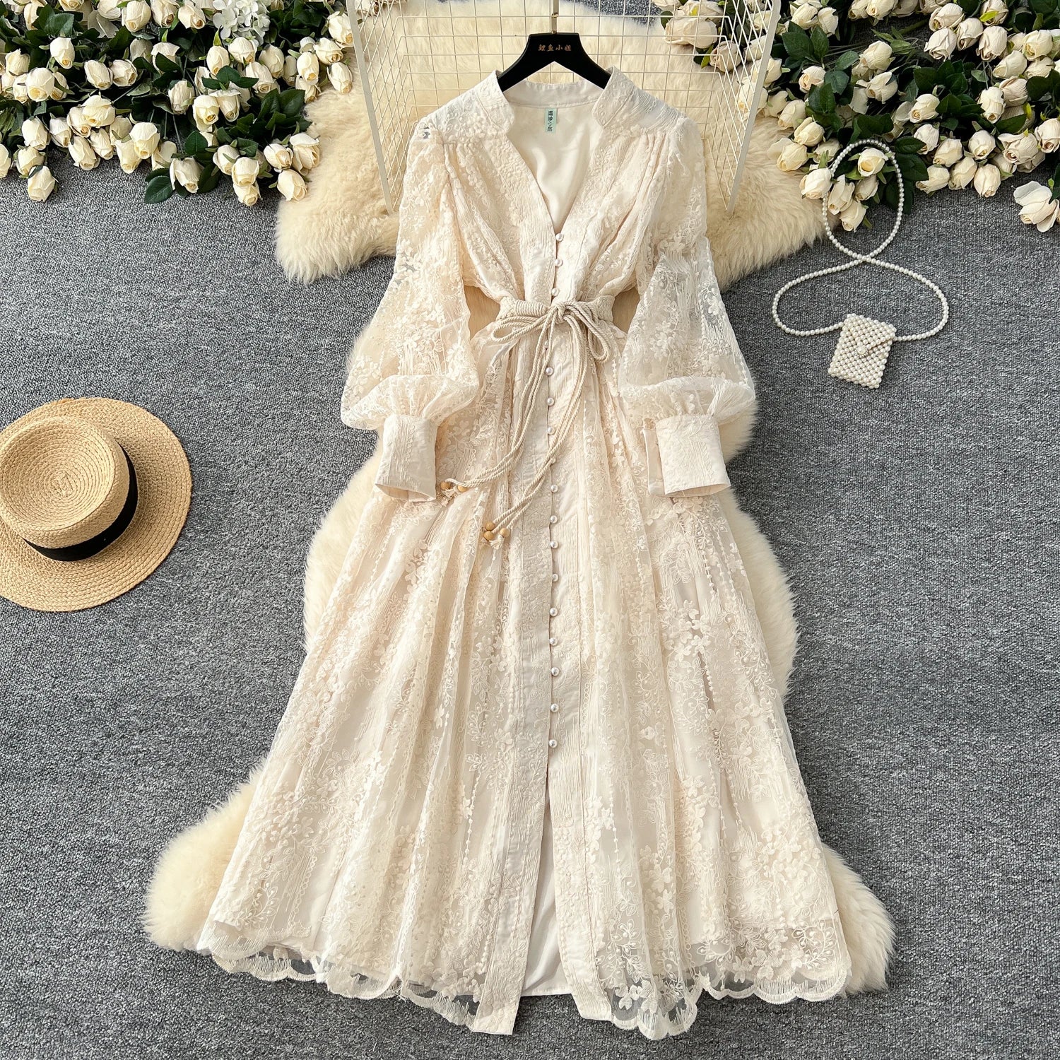 LW0696 High-End Women'S Dress 2025 Spring Embroidered V-Neck Lantern Sleeve Long Skirt Casual Women'S Dresses