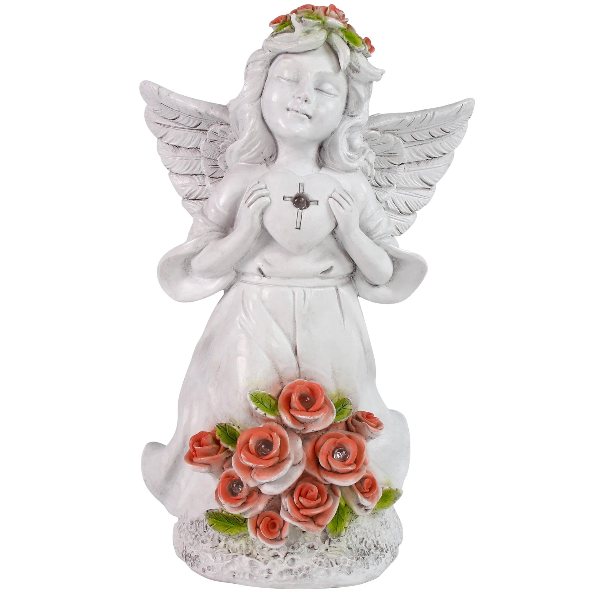 Resin Angel Statue with Cross Heart & Rose Bouquet Floral Wreath Artistic Design Christmas Garden Outdoor Decor Figurines