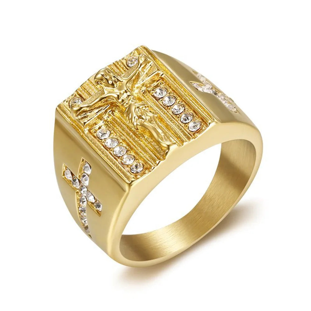 Hip Hop Men's Ring Gold Plated Titanium Steel Cross Ring Men's Fashion Jewelry Ring