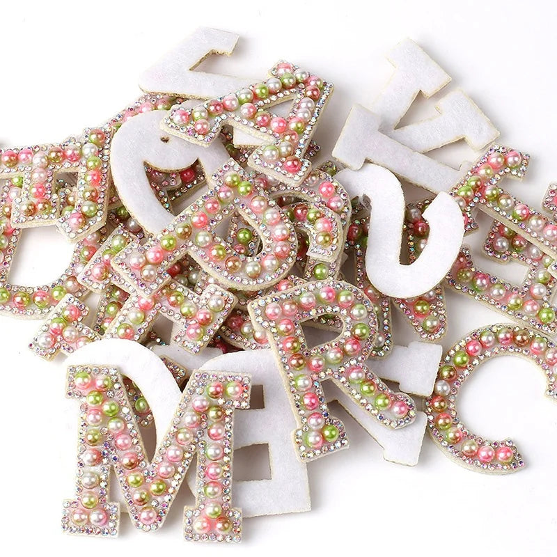 Hot Sale Fancy Colorful Beaded Pearl Rhinestone Letters Iron on Heat Seal Iridescent Holographic Pearls Alphabet Applique Patch