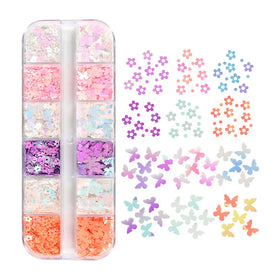 12 Grids Fine Flower Butterfly Nail Sequins Charms for Nail Cheap Nail Decoration