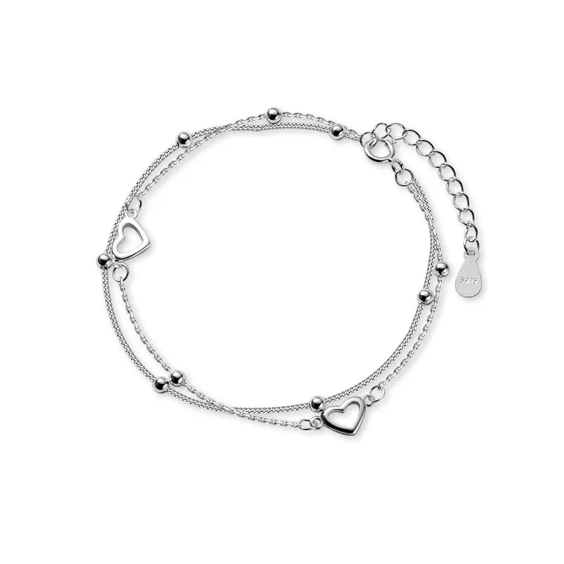 925 Sterling Silver Sweet Double Layer Hollow Heart Beads Bracelets for Women Sterling Silver Wedding's Day Gift