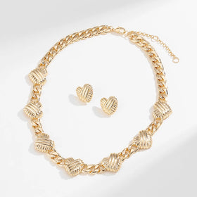 KJ Designer 18K Gold Plated Textured Heart Choker Necklace Earrings Jewelry Set for Women Girl