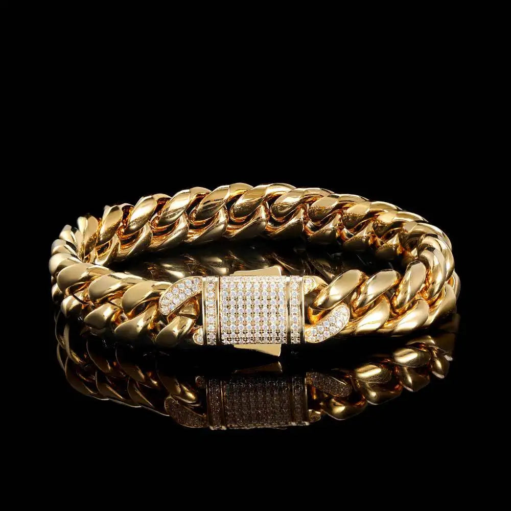 Miss Jewelry Urban Jewelry Men's 18 k Gold Cuban Chain Zircon Spring Buckle Stainless Steel Bracelet