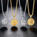 New Coin Jewelry Necklace Men Women Waterproof Compass Lion ST CHRISTOPHE 18K Gold Plated Stainless Steel Coin Necklace Pendant