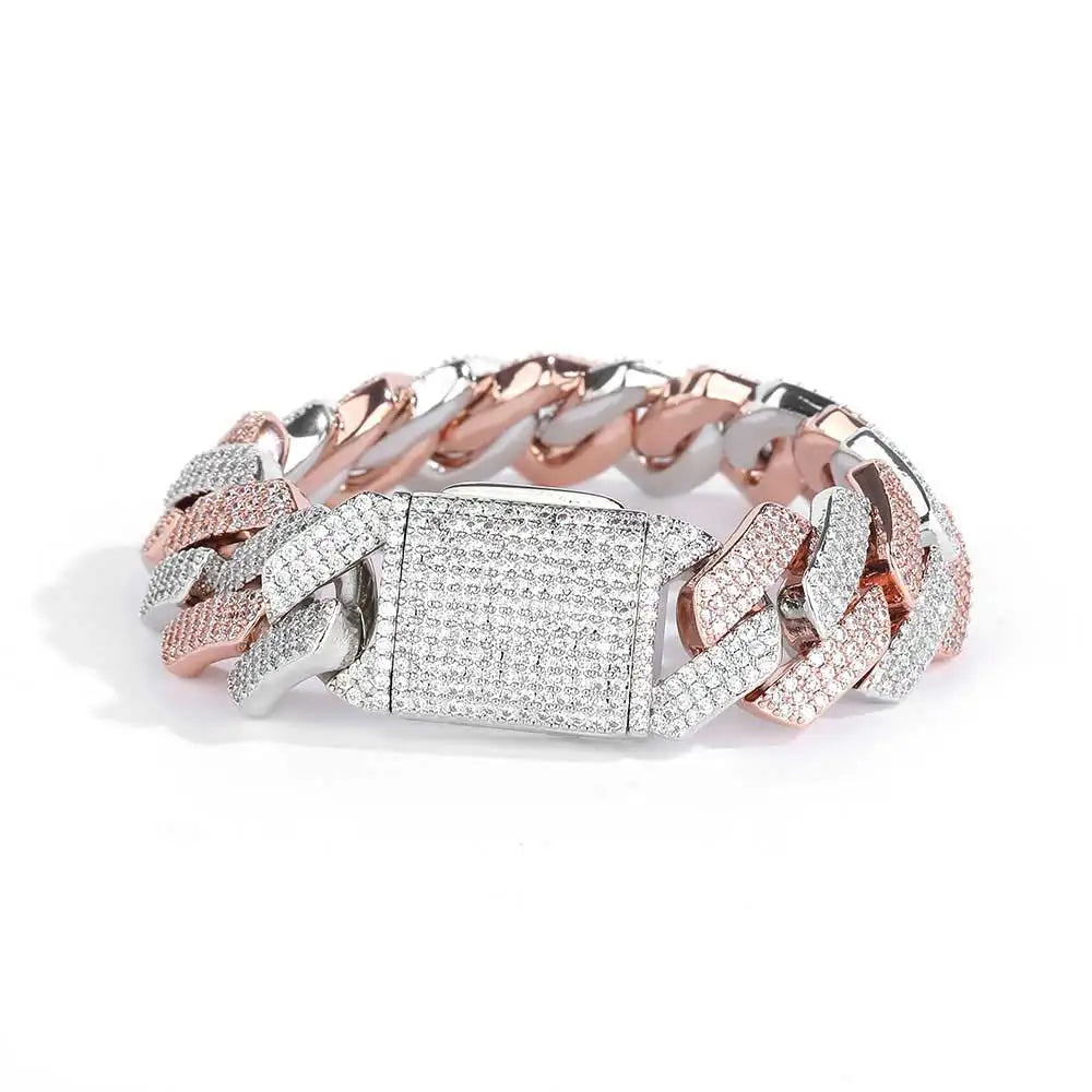 NUOYA 20mm Rose Gold With Silver Plated Cuban Link Chain Hip Hop Iced Out Diamond Bracelet Necklace Fine Jewelry for Men Women