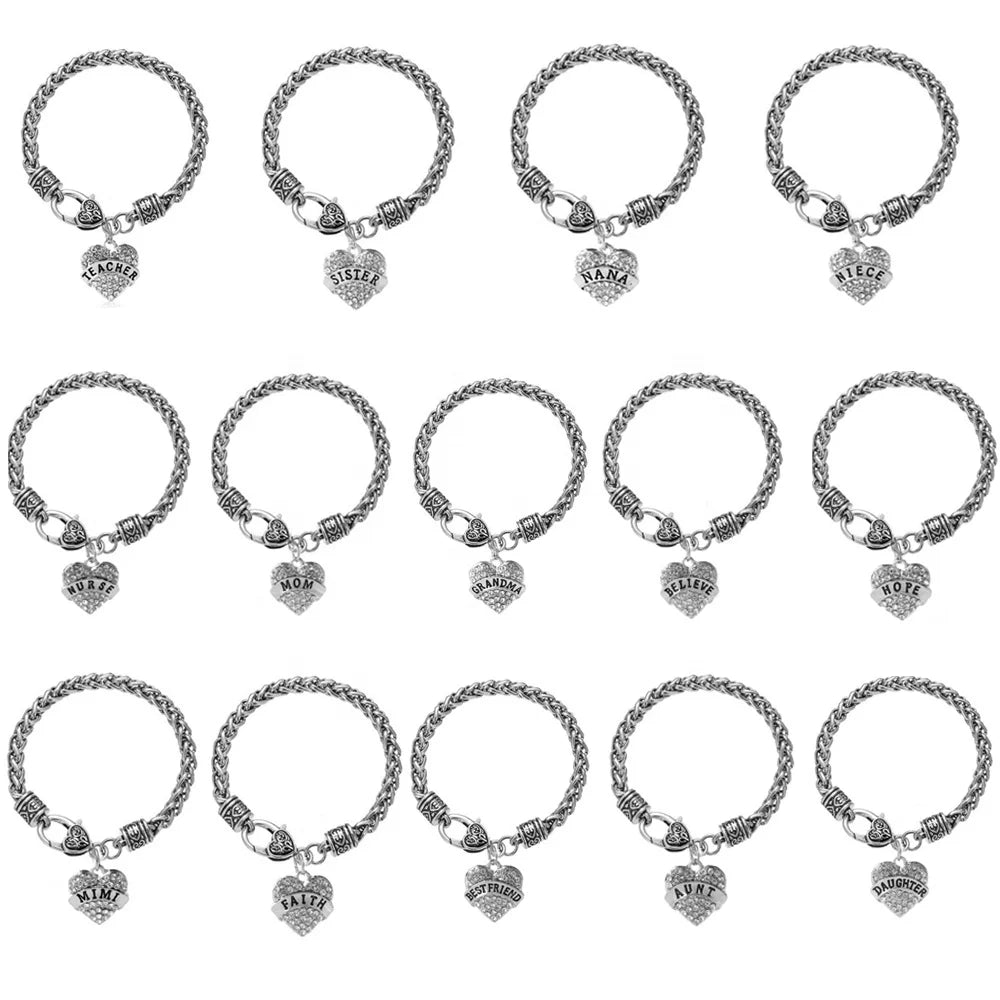 Custom Personalized Charm Bracelet Crystal TEACHER/MOM/SISTER Heart Pendant Zinc Alloy Bracelet for Gift