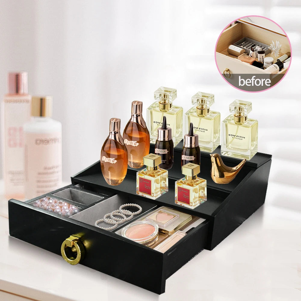 Men's Minimalist Style 3-Tier Bamboo Cologne Perfume Organizer Home Storage Holder with Box Efficient Display Riser
