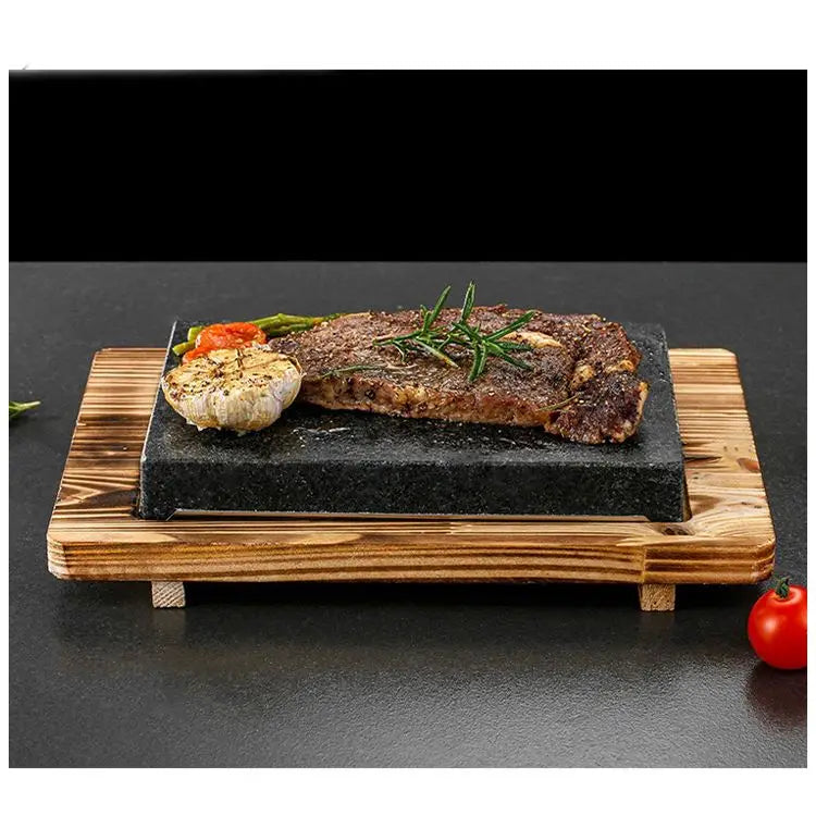 Hot Sale Lava Steak Stone Plate with Wooden Base Complete Set Non-Stick Grilling Surface 400 2-3 People BBQ