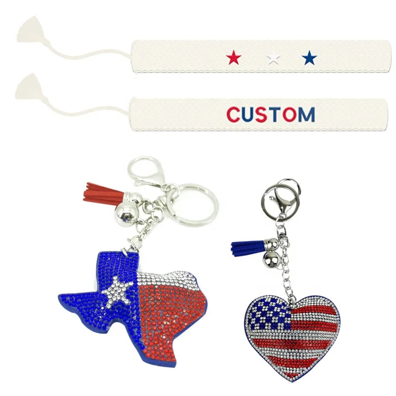 Custom Crystal Diamonds American USA Texas Flag Keychain Bling Purse Charm Backpack Key Rhinestone Puffy Keychain and Bracelets