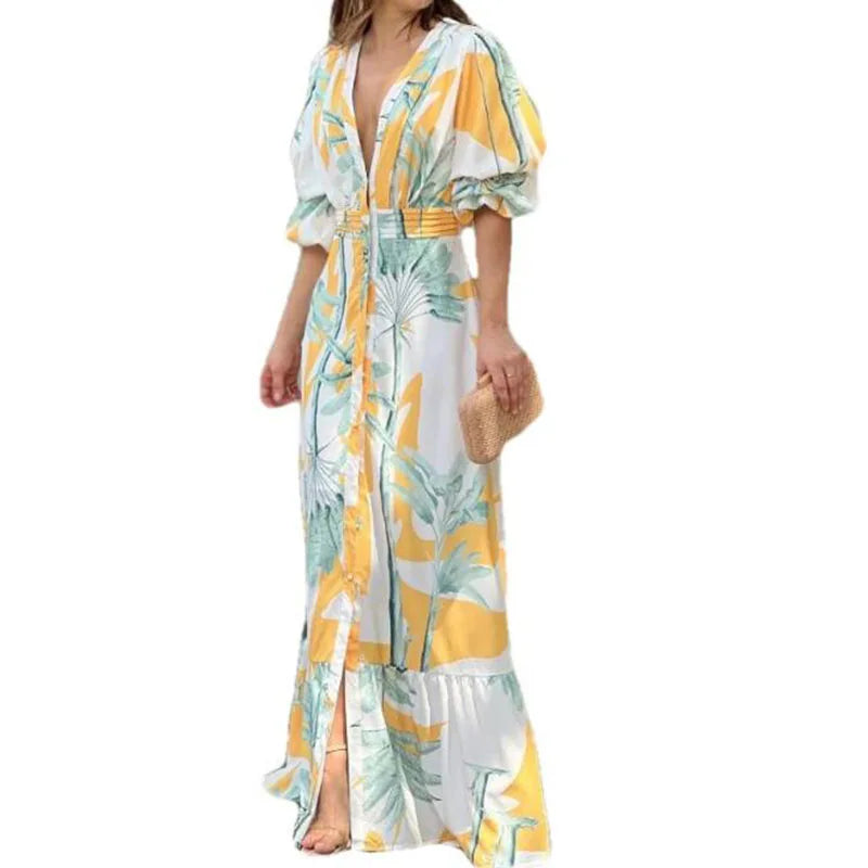 Women Maxi Dress Summer Stylish Print Short Puff Sleeve V Neck Nipped Waist Slim Single Row Button Beach Party Dresses