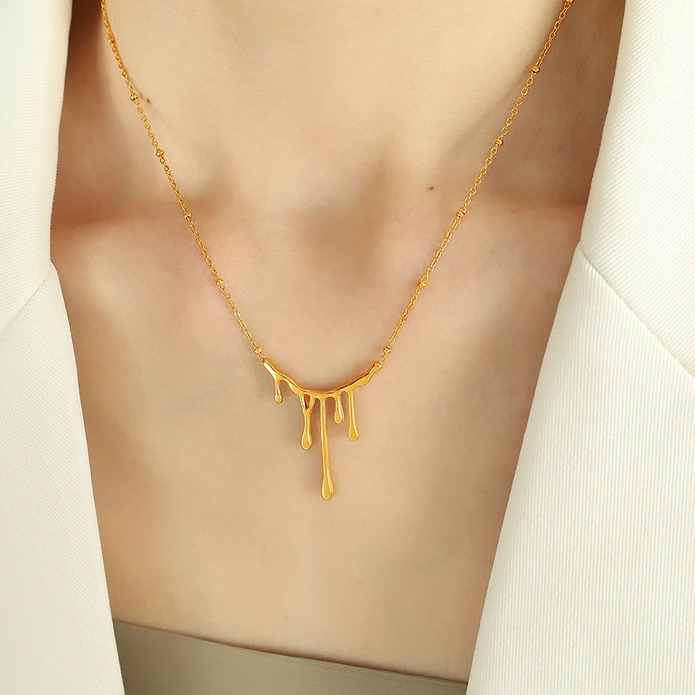 Women's Waterproof Minimalist Stainless Steel Water Drop Lava Drip Melting Necklace Titanium Water-Wave Chain Jewelry Gift