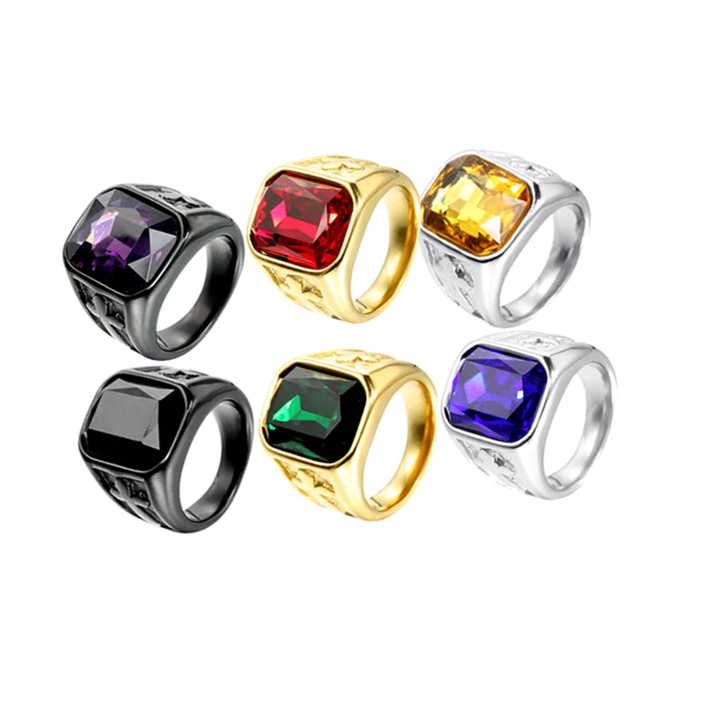 Vintage Engraved Men Gold Stainless Steel Cross Gemstone Rings
