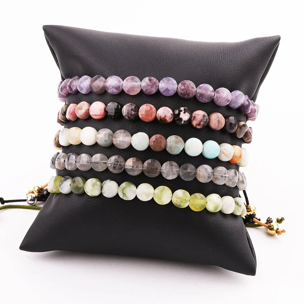 New Design Flat Shape Faceted Natural Genuine Stone Beaded Custom Logo Gemstone Friendship Macrame Bracelet Women JBS11550